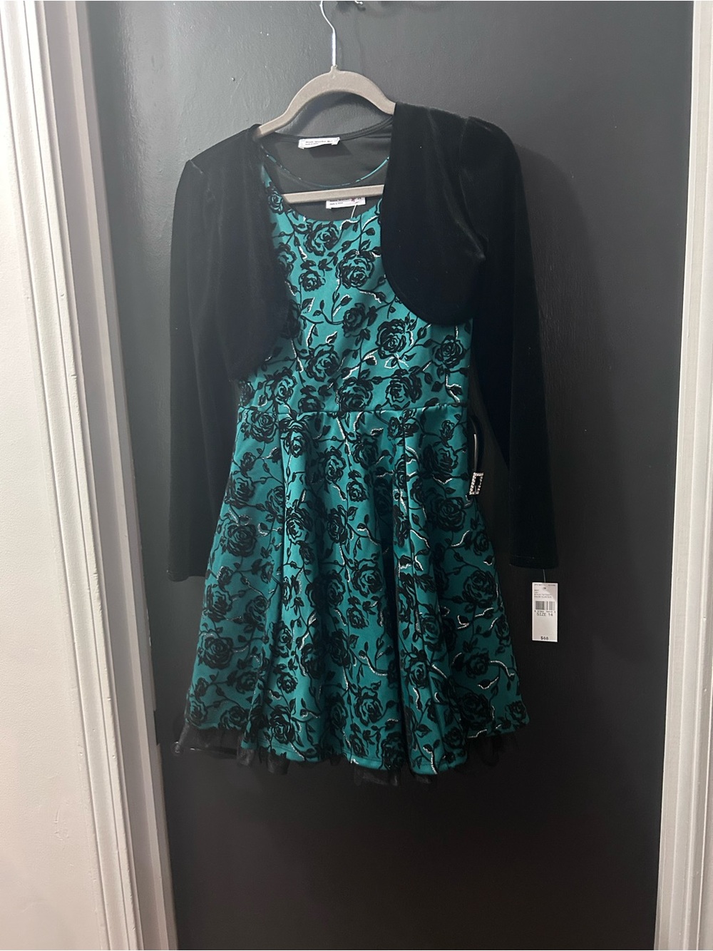 Knitworks Teal and Black Floral Party Dress with Black Bolero